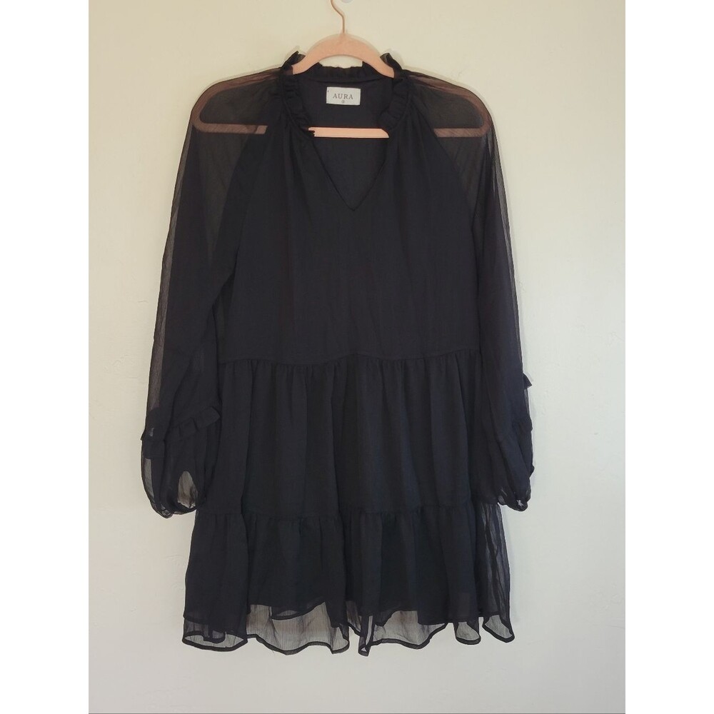 Aura Black‎ Sheer Tiered Mini Dress Women Size S